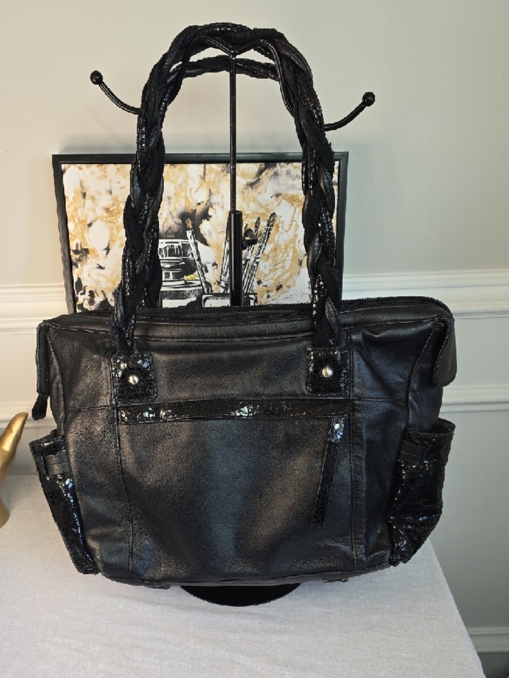 Sharif 1827 Black Braided-Handle Tote with Woven Front - Picture 3 of 10